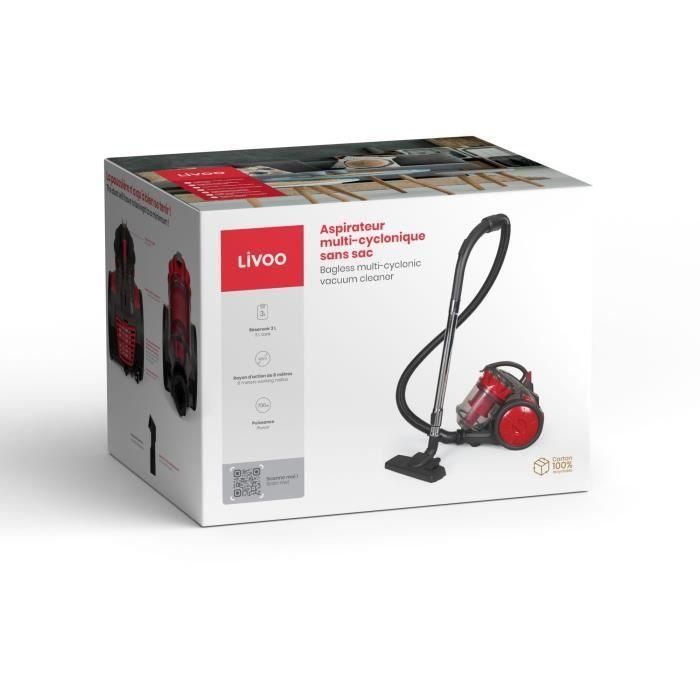 Aspiradora multiciclónica sin bolsa - LIVOO - DOH136R - 700 W - 16 kPa - 78 dB - 3 L - Filtro lavable - Rojo/Gris 4
