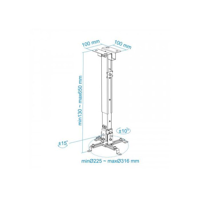 TooQ PJ2012T-S Soporte para Proyector de Techo Inclinable +/- 15°, 20kg, Ajustable 13-65cm, Plata 6