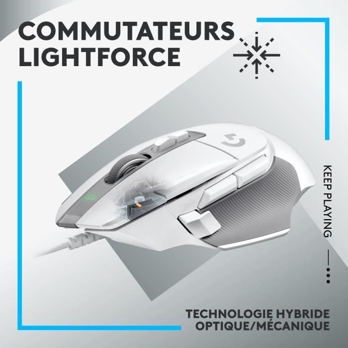 Logitech - G502 X Wire Gaming Mouse - Botones primarios híbridos híbridos de Force Lightforce, Hero Gaming Hero 25K - Sensor blanco 1