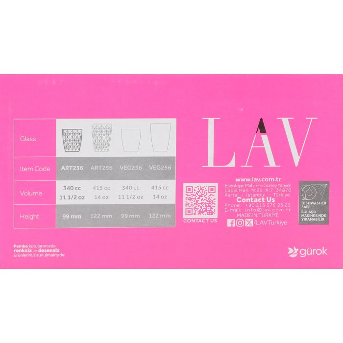 Lav Set de 6 Vasos de 340 ml Colección Artemis New Art 8.3 cm de diámetro por 9.8 cm de alto (8 Cajas) 2