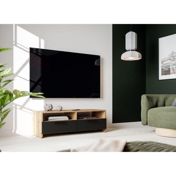 Mueble TV PILVI - Estilo contemporáneo - Decoración Roble y Negro - 2 solapas + 2 nichos - L 95 x P 36 x H 34,5 cm 1 Mueble TV PILVI - Estilo contemporáneo - Decoración Roble y Negro - 2 solapas + 2 nichos - L 95 x P 36 x H 34,5 cm 1