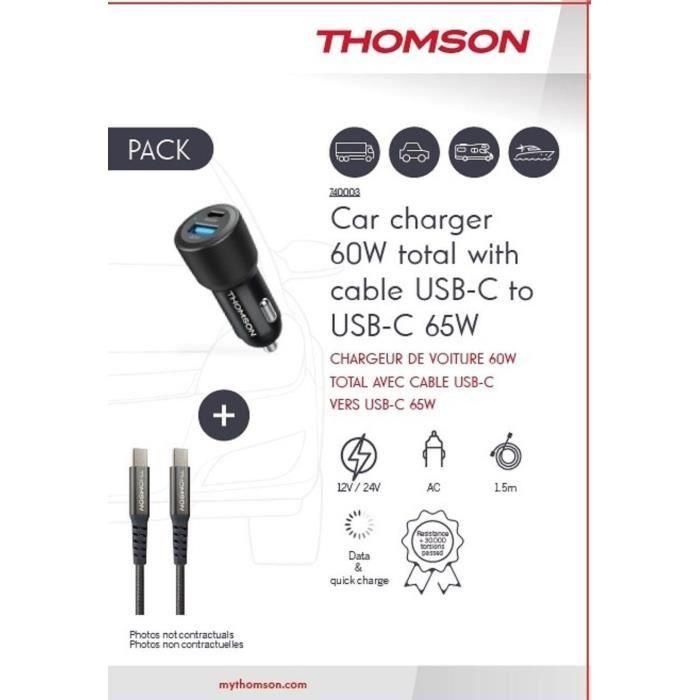 Pack cargador + cable - THOMSON - Cargador de coche 60 W - Cable C a C 65 W - 1,5 m 1 Pack cargador + cable - THOMSON - Cargador de coche 60 W - Cable C a C 65 W - 1,5 m 1