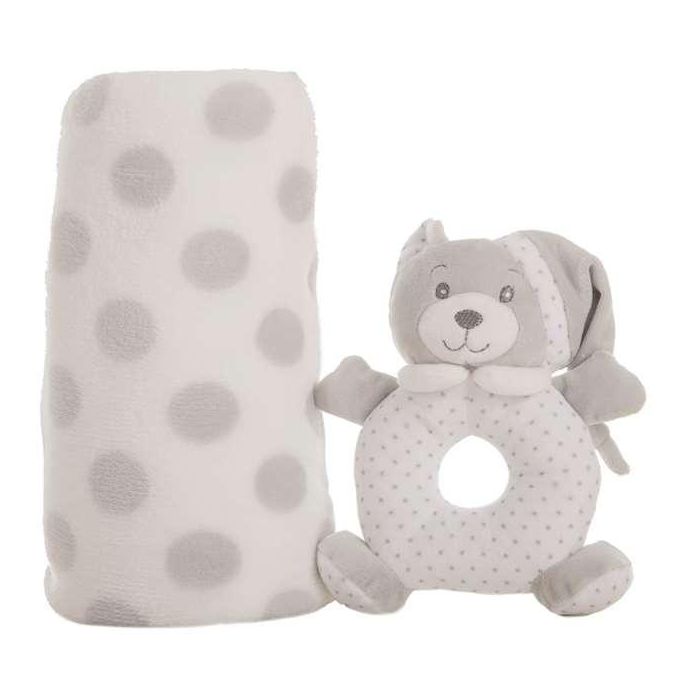 Creaciones Llopis Set Caja Manta Gris 100 x 75 cm + Sonajero 16 cm Poliéster