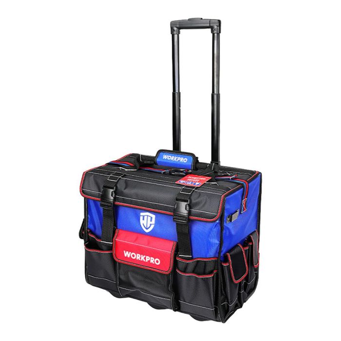 Workpro Bolsa Rígida Herramientas con Ruedas 46x27x40cm, Poliéster, Bolsillos, Negro/Azul/Rojo 1