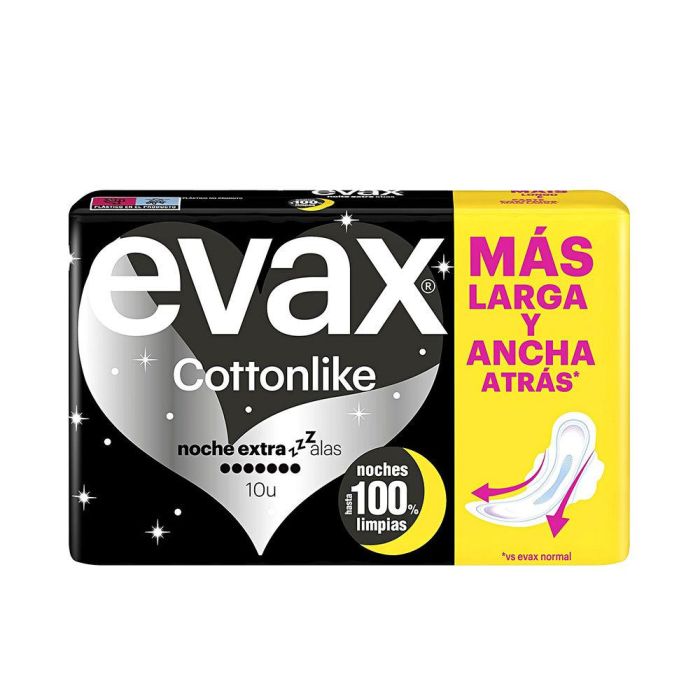 Evax Compresas Cottonlike Noche Extra Alas 10 u – 60% más cobertura, Protección y Confort para un sueño sin preocupaciones