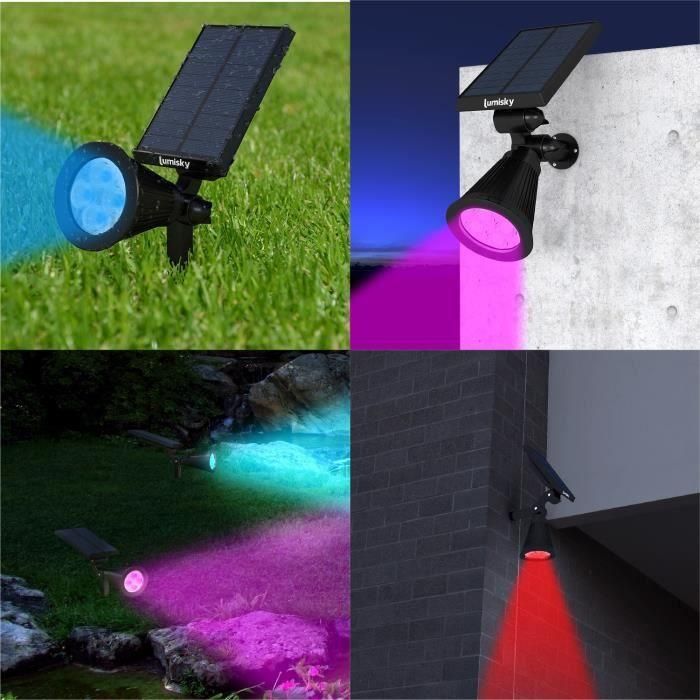 LUMISKY Paquete de 2 puntos solares impermeables para exteriores - 4 LED de colores - 200 Lm - Cabezal giratorio a 90 ° C 2 LUMISKY Paquete de 2 puntos solares impermeables para exteriores - 4 LED de colores - 200 Lm - Cabezal giratorio a 90 ° C 2