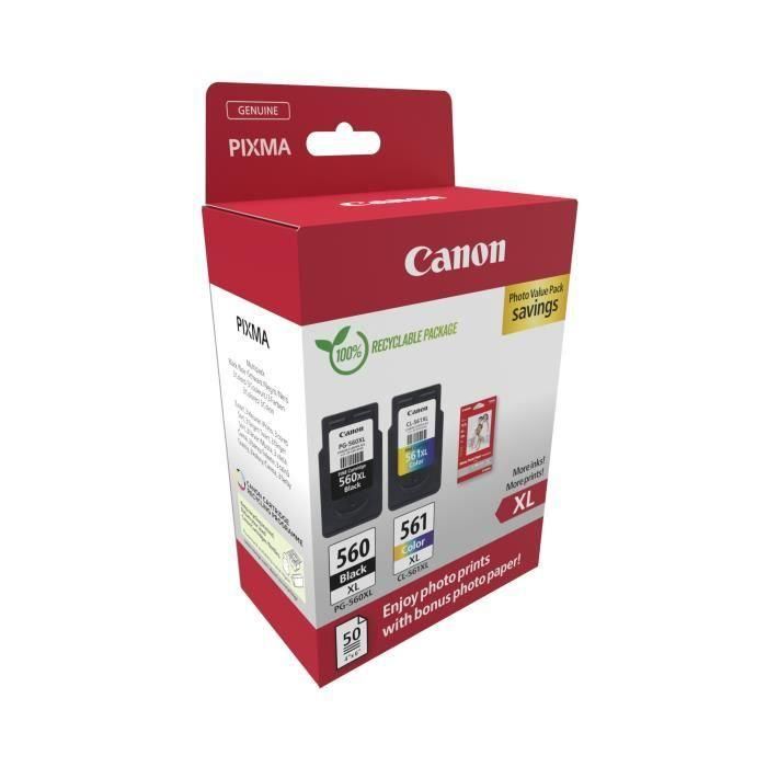 Canon Tinta Ecopack Bk+ C-M-Y + 50H Papel Fotográfico 10x15 Para Pixma Ts 5350-5351-5352-5353-7450 - Pg 560XL + Cl 561XL 1