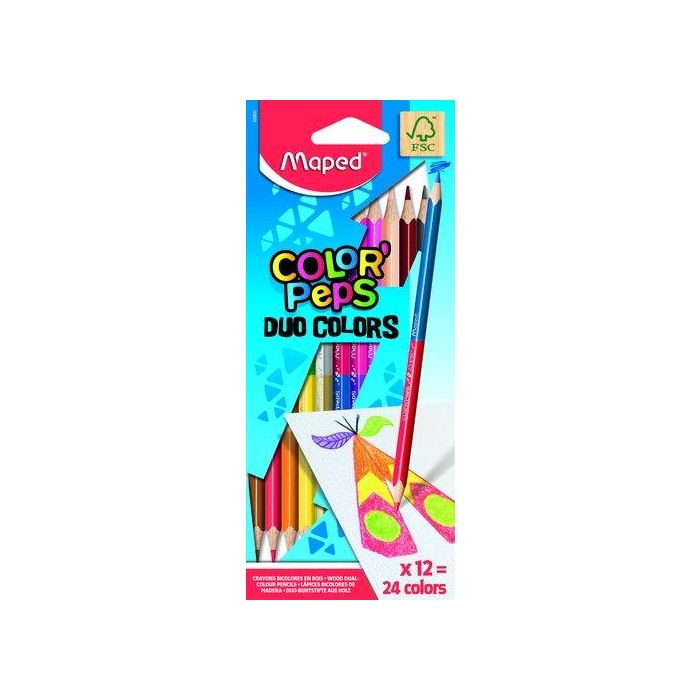 Maped Lápices De Colores Duo Color Peps Bicolor, Estuche De 12 Unidades, 24 Colores Surtidos