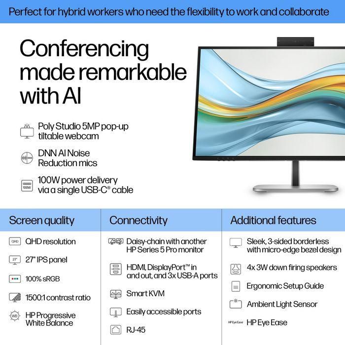 HP Series 5 Pro 27 inch QHD USB-C Conferencing Monitor - 527pm 2 HP Series 5 Pro 27 inch QHD USB-C Conferencing Monitor - 527pm 2