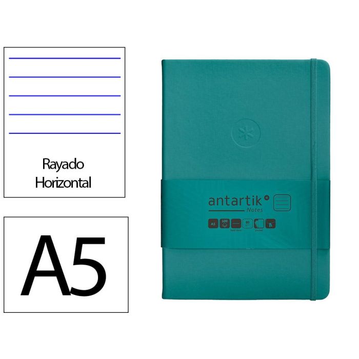 Cuaderno Con Gomilla Antartik Notes Tapa Dura A5 Hojas Rayas Verde Aguamarina 100 Hojas 80 gr Fsc