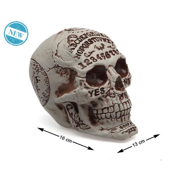 Calavera Decorativa con Grabados Esotéricos y Efecto Envejecido 13x16x18 cm para Ambiente Gótico y Misterioso