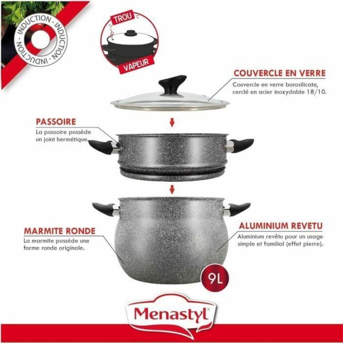 Cuscús - MENASTYL - 6020033 - Aluminio efecto mármol - 9 litros - Apto para todo tipo de fuegos, incluida inducción 1 Cuscús - MENASTYL - 6020033 - Aluminio efecto mármol - 9 litros - Apto para todo tipo de fuegos, incluida inducción 1