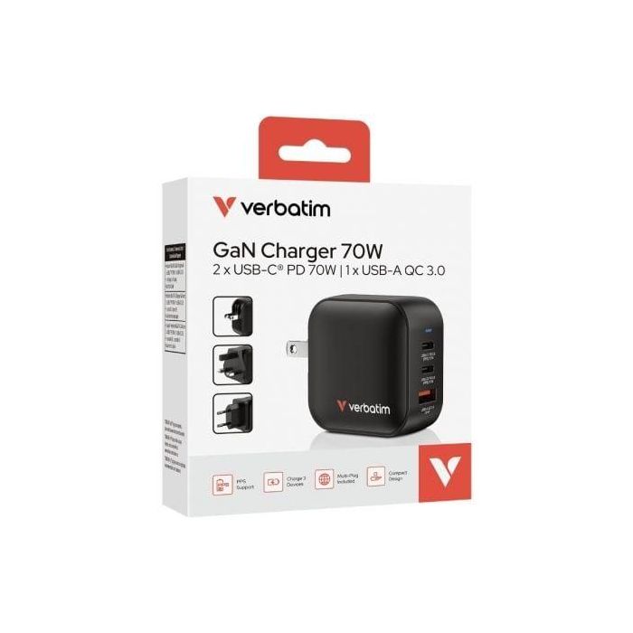 Cargador de Pared Universal GaN Verbatim Mini GaN Wall Charger/ 2xUSB Tipo-C/ 1xUSB/ 70W 3 Cargador de Pared Universal GaN Verbatim Mini GaN Wall Charger/ 2xUSB Tipo-C/ 1xUSB/ 70W 3