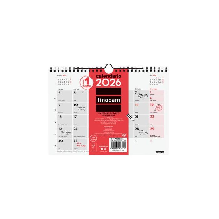 Finocam Calendario de Pared para Escribir 2026, Anual S-210x150 mm, Planificador Espiral con Colgador, Festivos y Fases Lunares