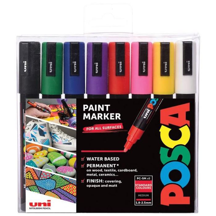 Posca PC-5M Set de 8 Rotuladores de Tinta al Agua de Punta Redonda Media para Papel, Tela, Cristal, Metal