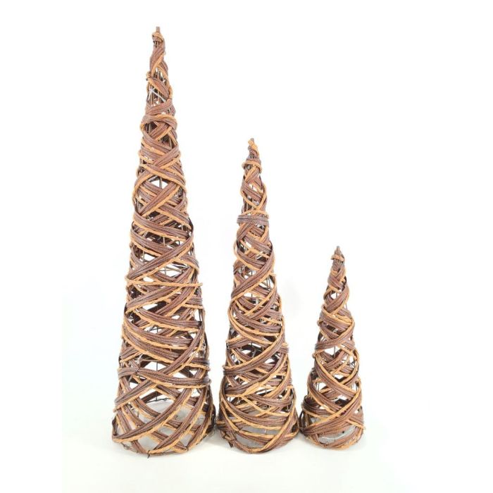 DKD Home Decor Cono de Navidad Alpina de Ratán LED Natural, 80 cm Alto - Set de 3 Piezas, Pack de 2 Unidades