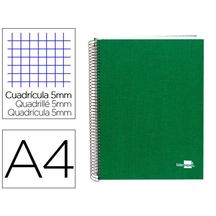 Cuaderno Espiral Liderpapel A4 Micro Papercoat Tapa Forrada 140H 75 gr Cuadro5 mm 5 Bandas 4 Taladros Verde