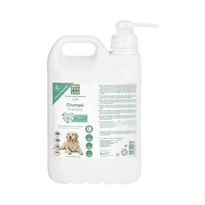 Men For San Champú Repelente para Perros con Citronela y Geraniol - Elimina Pulgas, Garrapatas, Mosquitos - Uso Frecuente 5 L