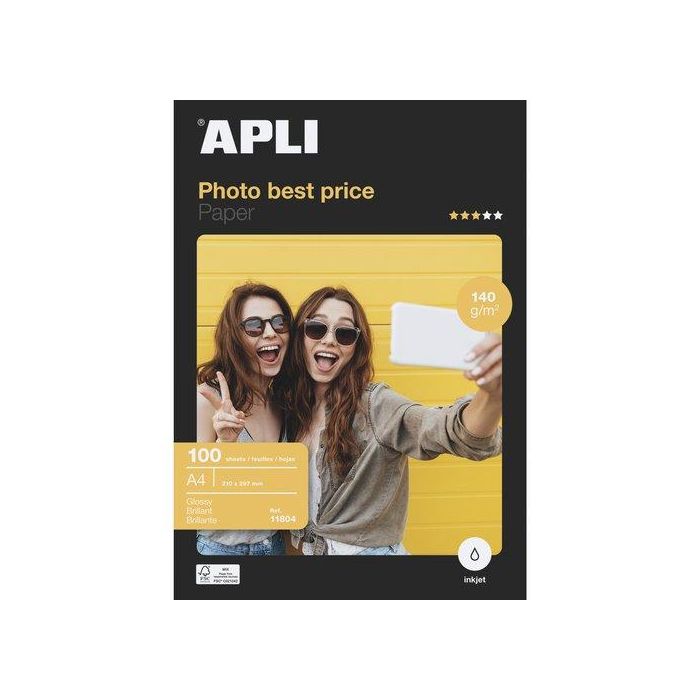 Apli Papel Fotográfico Glossy DIN A4 140 gr para Impresoras Ink-Jet - Secado Rápido, 100 Hojas