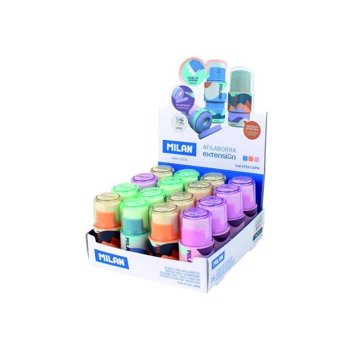 Milan Afilaborra Extensión Serie The Fun - Goma de borrar y sacapuntas con depósito, cuchilla de acero, 16 unidades surtidas