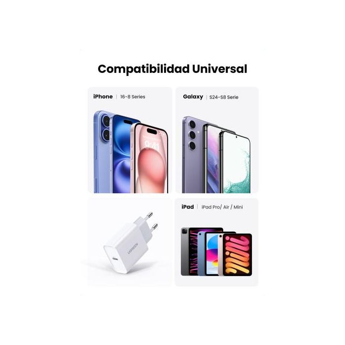 UGREEN 60450 Cargador Rápido USB C 20W Power Delivery 3.0 Blanco Universal Interior 6