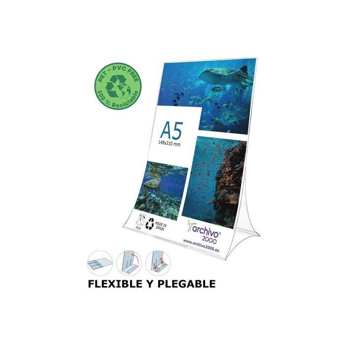 Archivo 2000 Expositor de Sobremesa L Flexible y Plegable DIN A5 Vertical PET 100% Reciclable, Ignífugo, Alta Resistencia al Impacto