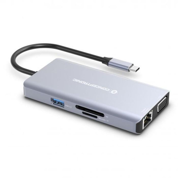 Conceptronic Docking Station USB Tipo C 10 en 1 con HDMI, VGA, USB-C PD, USB 3.0, GbE, AUX, Soporte 4K 1
