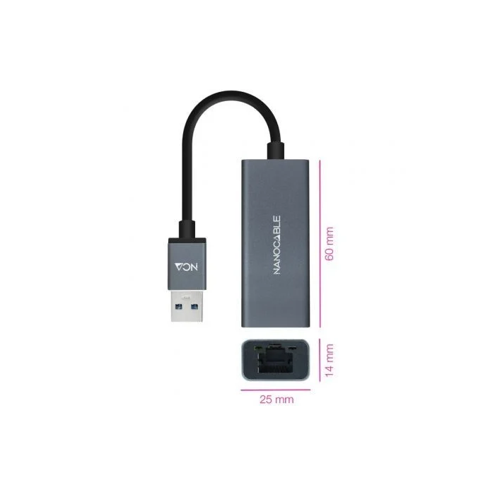 Nano Cable 10.03.0405 Adaptador USB 3.0 a RJ45 Ethernet Gigabit 1000Mbps Aluminio Gris 15cm