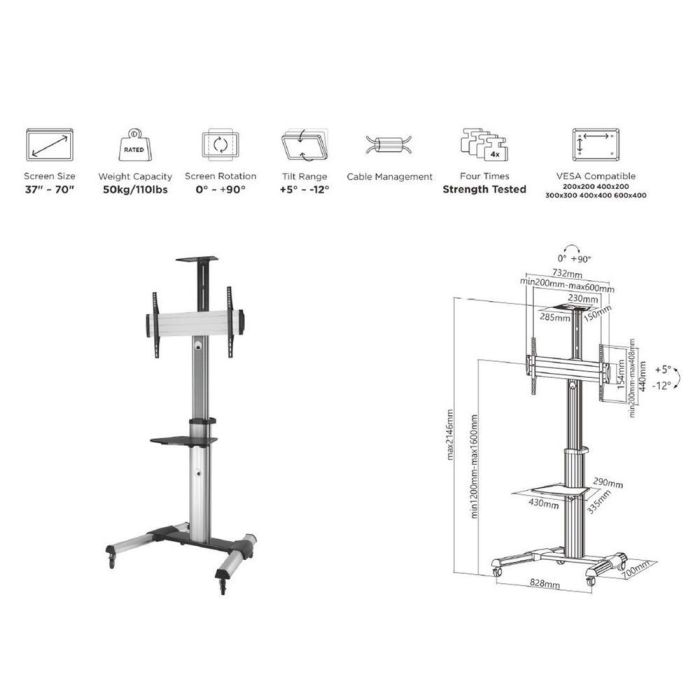 Equip Soporte de TV con Ruedas, Giratorio 90°, para TV 37-70" hasta 50Kg, VESA 600x400, Inclinación Ajustable, Estante para DVD