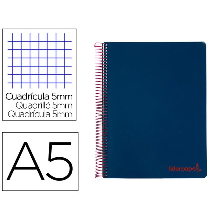 Cuaderno Espiral Liderpapel A5 Micro Wonder Tapa Plastico 120H 90 gr Cuadro 5 mm 5 Bandas 6 Taladros Color Azul Marino