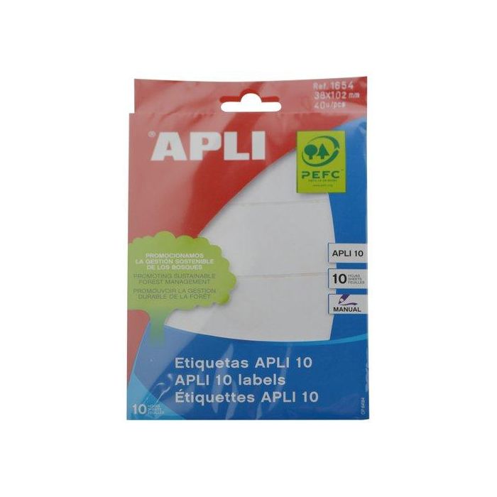 Apli Etiquetas Adhesivas Blancas 38x102 mm para Escritura Manual, Pack de 10 Hojas (40 Etiquetas)