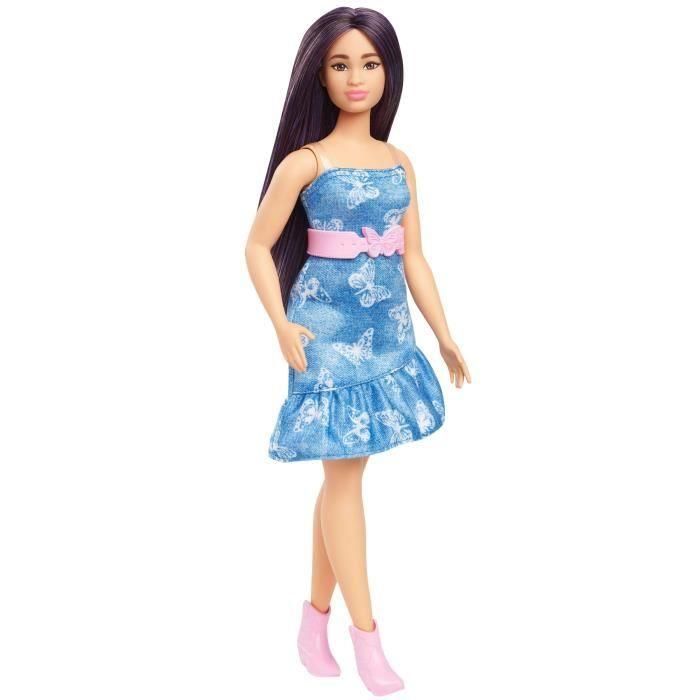 Barbie HYT89 Muñeca Fashionista con cuerpo Curvilíneo, Vestido Vaquero con Estampado de Mariposas y Pelo Morado Suelto 2