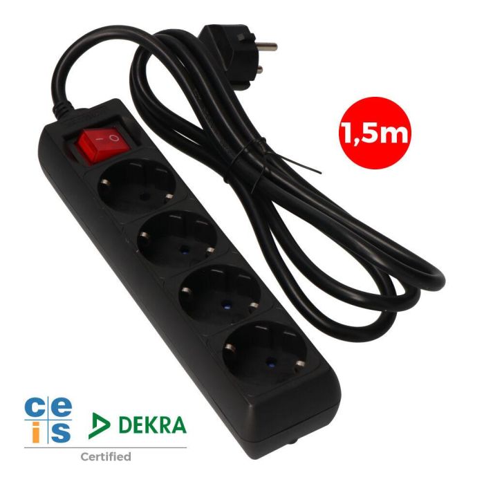 Prolongador con 4 tomas 2p+t, 16a 250v~ con interruptor luminoso, 1,5 m de cable h05vv-f 3g1,5mm² negro