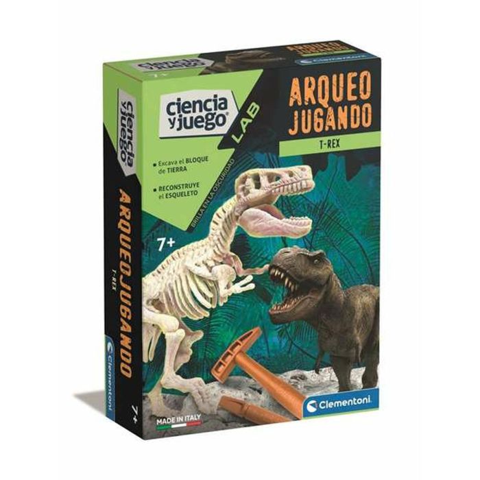 Juego arqueojugando t-rex fosforescente. excava en el bloque y desentierra los restos del tiranosaurio. 15x21x5.5 cm