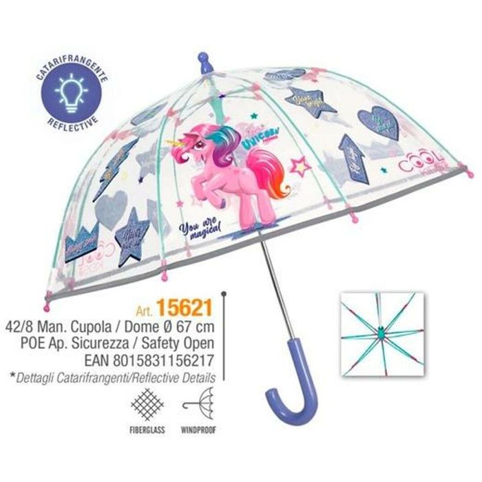 Paraguas Perletti Transparente Fibra de Vidrio 67 cm Infantil Unicornio 1