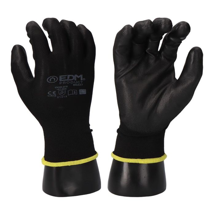 Edm Guante keep safe® de Poliéster Recubierto de Poliuretano, Palma PU Negra, Talla 6, para Bricolaje y Montaje