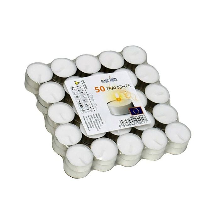 Pack 50 unid. velas blancas 12 g sin aroma magic lights