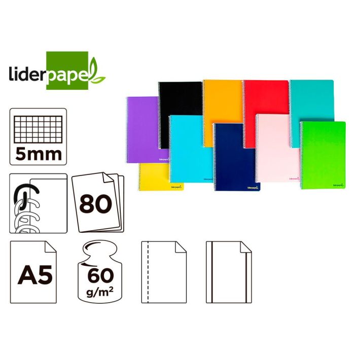 Cuaderno Espiral Liderpapel A5 Micro Smart Tapa Blanda 80H60 gr Cuadro 5 mm 6 Taladros Colores Surtidos 10 unidades 1