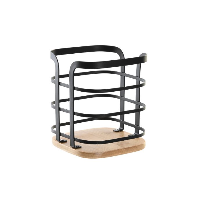 DKD Home Decor Cubertero Organizador de Cocina para Cubiertos, Colección Básicos, Acero y Bambú, Negro y Natural, 12x12x14.5 cm