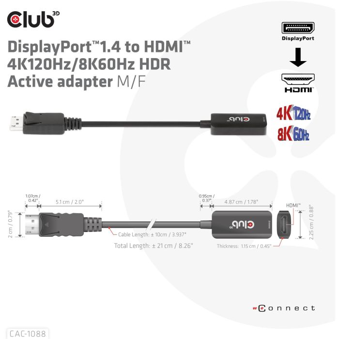 Club3D Adaptador DisplayPort 1.4 a HDMI HDR 8K60Hz / 4K120Hz Activo - Conector Macho a Hembra - 0.21m 2 Club3D Adaptador DisplayPort 1.4 a HDMI HDR 8K60Hz / 4K120Hz Activo - Conector Macho a Hembra - 0.21m 2