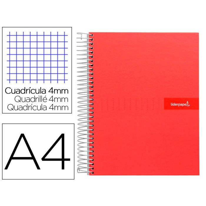 Cuaderno Espiral Liderpapel A4 Crafty Tapa Forrada 80H 90 gr Cuadro 4 mm Con Margen Color Roja 5 unidades