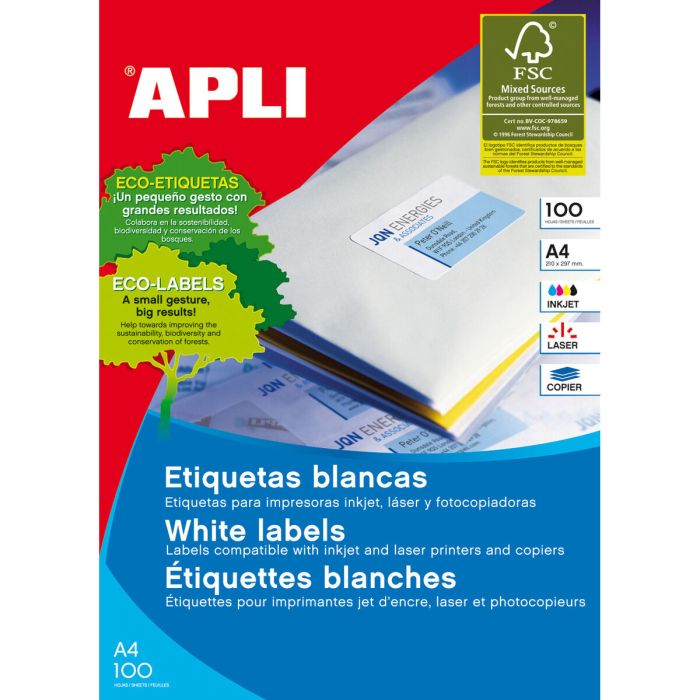 Etiquetas adhesivas Apli 01271 100 Hojas 70 x 30 mm Blanco 1