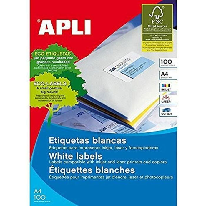 Etiquetas adhesivas Apli Labels 52.5 x 29.7mm 52,5 x 29,7 mm Blanco A4 100 Hojas 1