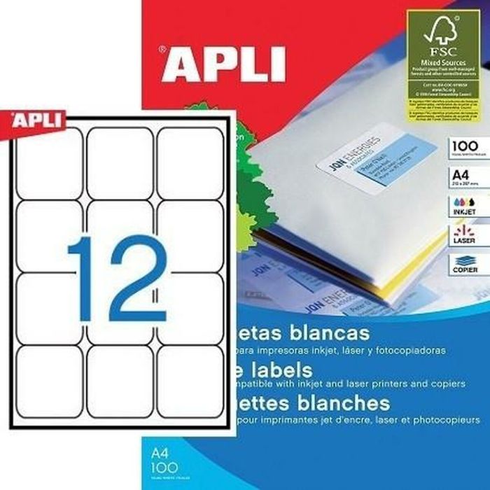 Etiquetas adhesivas Apli 100 Hojas 63,5 x 72 mm Blanco A4 1