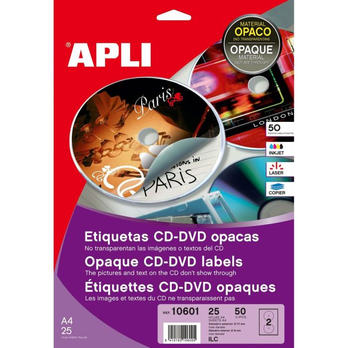 Etiquetas para Impresora Apli 10601 Circular CD/DVD Blanco 25 Hojas Ø 117 mm