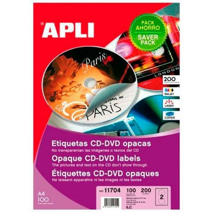 Etiquetas Adhesivas para CD/DVD Apli 11704/ 117 x 18mm/ 100 Hojas Etiquetas Adhesivas para CD/DVD Apli 11704/ 117 x 18mm/ 100 Hojas