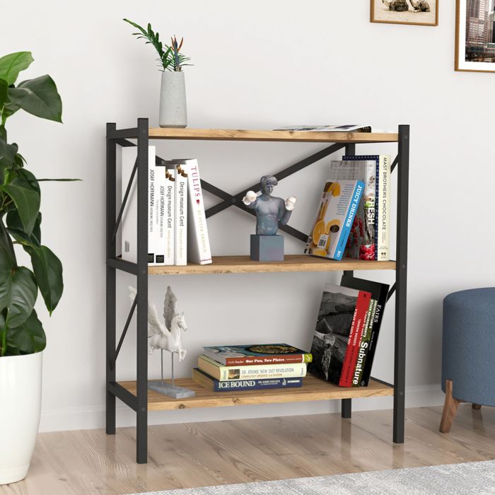 Librería Alexandra House Living Negro Roble Metal Madera MDP 66 x 85 x 34 cm industrial 3 Estantes 3