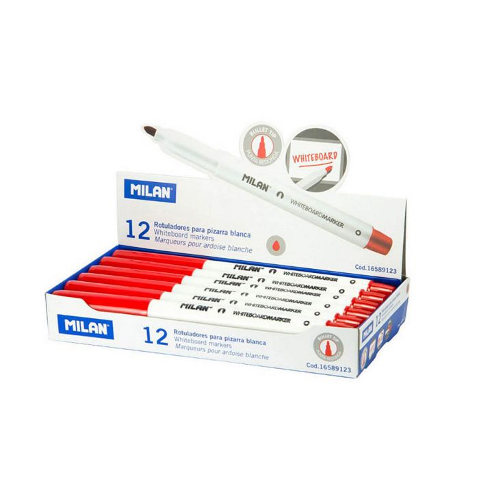 Caja de 12 rotuladores rojos ø3,7mm para pizarra blanca milan