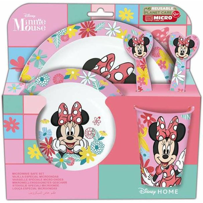 Set de plato, cuenco, vaso, cuchara y tenedor minnie mouse spring look (apto para microondas)