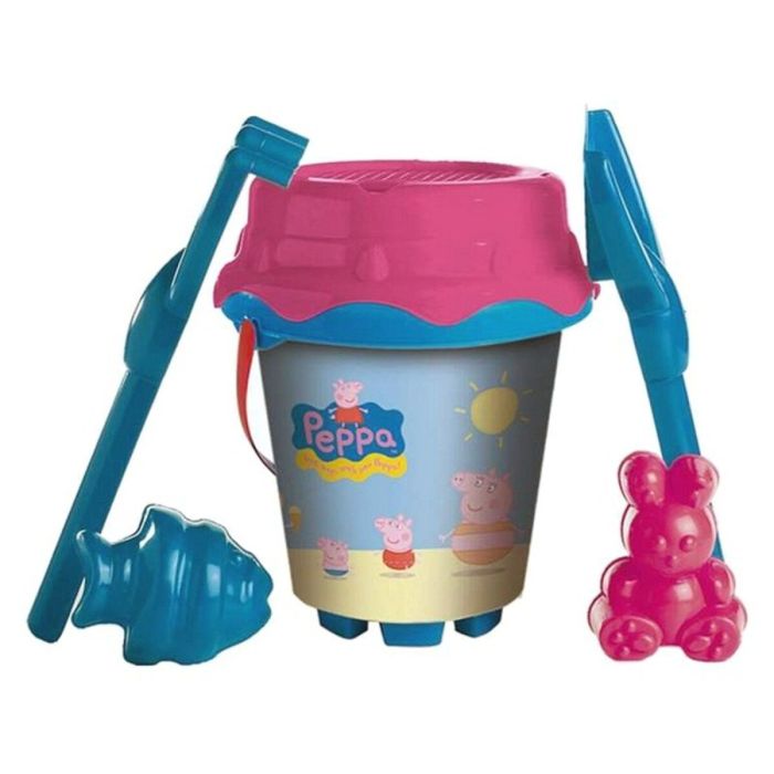 Cubo playa castillo peppa pig con cedazo, pala,rastrillo y moldes 18 cm